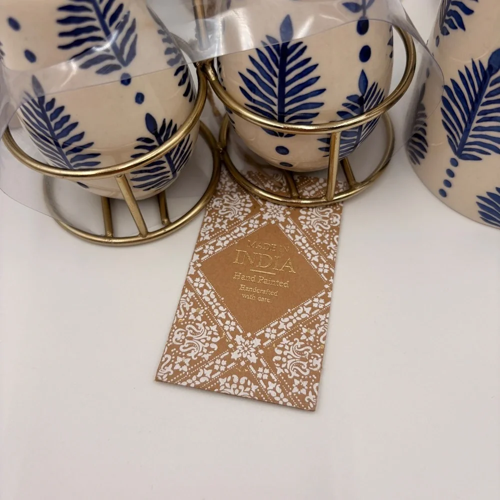 Made in India Blue Floral Leaf Hand Painted Ceramic Canister Set Salt Pepper 5pc